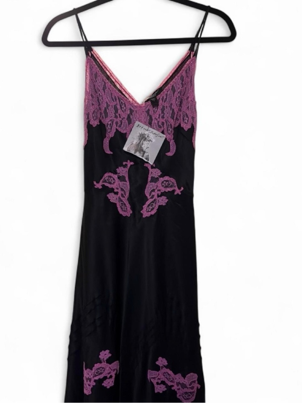 Betsey Johnson Black Slip Dress with Pink Lace Accents